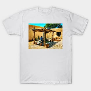 Traditional adobe courtyard in vibrant watercolor with rustic New Mexico setting T-Shirt
